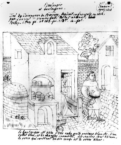 Baker and Bakery, drawn after an original illumination for a French translation of the Decameron by Boccaccio made in 1414 by French School